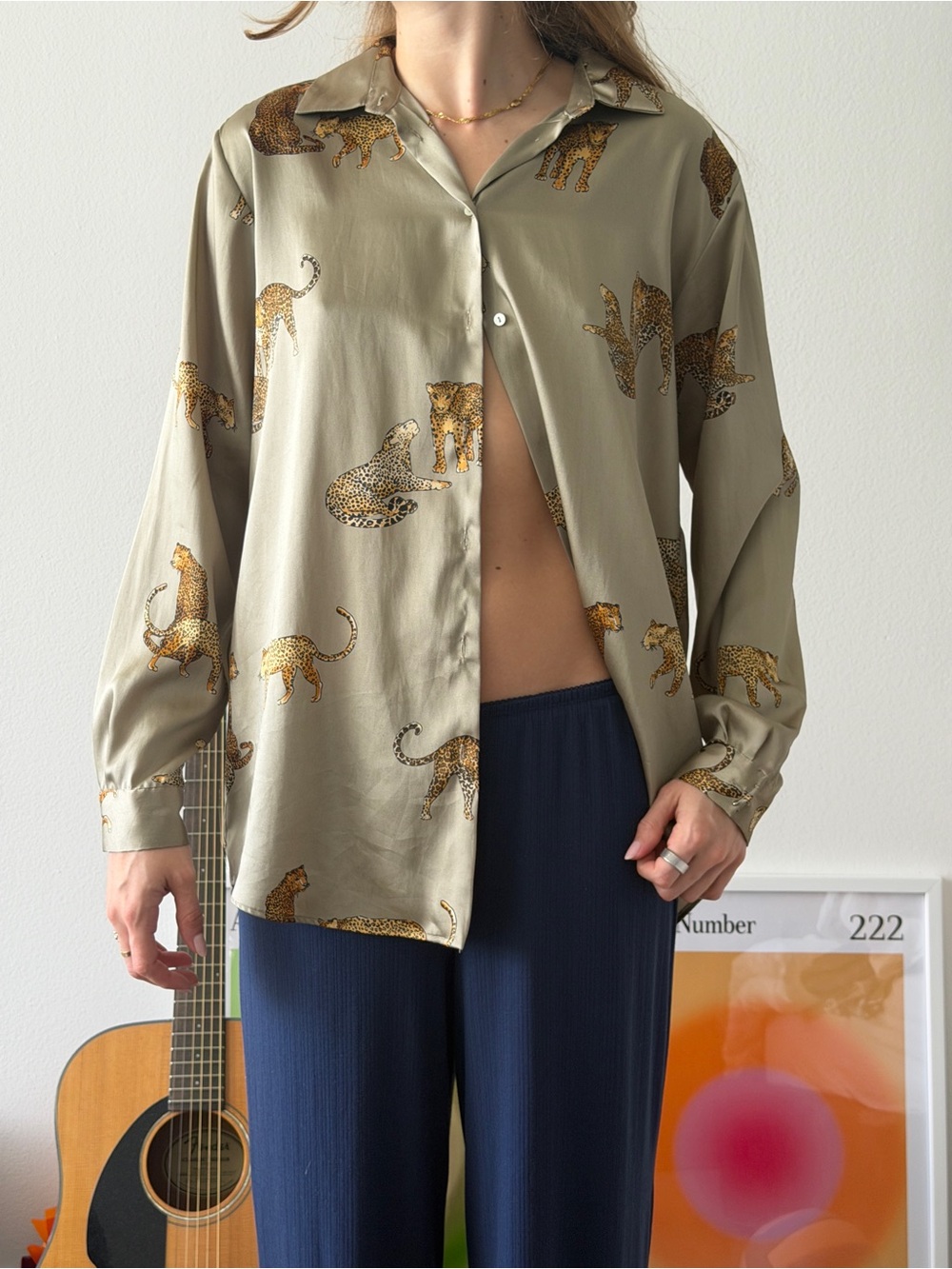 Olive Satin Button-Down Shirt with Leopard Print